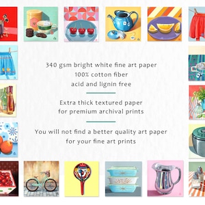 May include: A collage of 16 small paintings featuring various still life objects, including cherries, a teapot, a bicycle, a pitcher, and a coffee can. The text "340 gsm bright white fine art paper 100% cotton fiber acid and lignin free Extra thick textured paper for premium archival prints You will not find a better quality art paper for your fine art prints" is written in the center of the image.