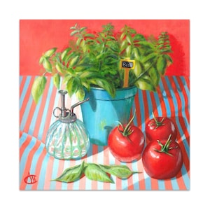 Art Prints 3x3-20x20, Basil plant and tomato art for kitchen, Fine art print of acrylic painting, Red, aqua, green, orange kitchen wall art.
