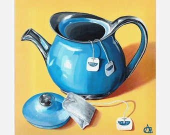 12x12 inch Acrylic painting, Realism artwork for the Kitchen, Teabag & teapot wall art for kitchen and dining room, Canvas art still life.