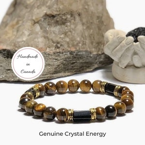 Bracelet de protection pour hommes, guérison des cristaux d'oeil de tigre, bracelet de perles de pierres précieuses de tourmaline noire brute, véritables pierres de guérison naturelles