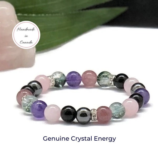 Empath protection beaded bracelet, Aura Protection and Anxiety bracelet, Rose Quartz, Black Tourmaline, Rhodochrosite healing crystals, 8mm