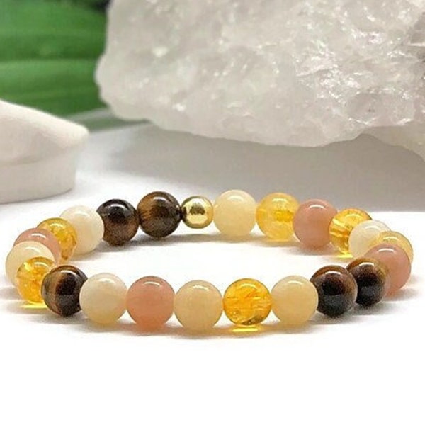 Solar Plexus Chakra gemstone bracelet, Sunstone, Citrine, Tigers Eye, Yellow Jade healing crystals, Increase confidence and personal power