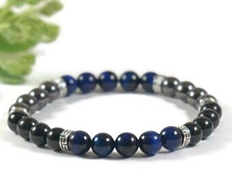 Protection healing crystals, Hematite gemstone bracelet, Black Onyx and Blue Tigers Eye, Anniversary gift for husband, Mala beaded bracelet