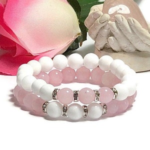 Love healing bracelet set, Best Friend gift, Pink Rose Quartz, Give one Keep one, Mother Daughter gemstone bracelets, natural stone mala