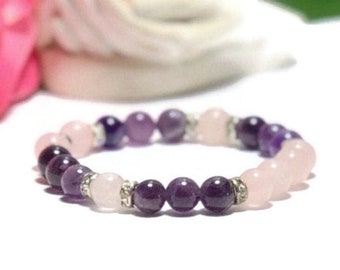 Rose Quartz crystal bracelet, Amethyst gemstone beaded bracelet, healing crystals and stones, Crystal jewelry for women, intention bracelet
