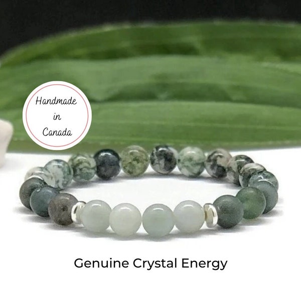 Natural Jade crystal bracelet, Positive energy green agate gemstone bracelet, healing stones, Handmade in Canada, Stretch beaded bracelet