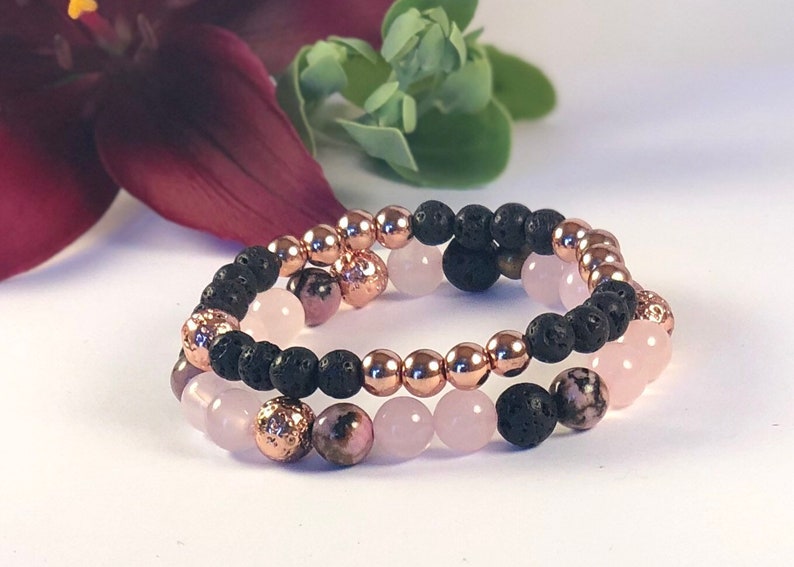 Rhodonite beaded bracelet Rose Quartz gemstone crystal bracelet set Natural lava stone jewelry