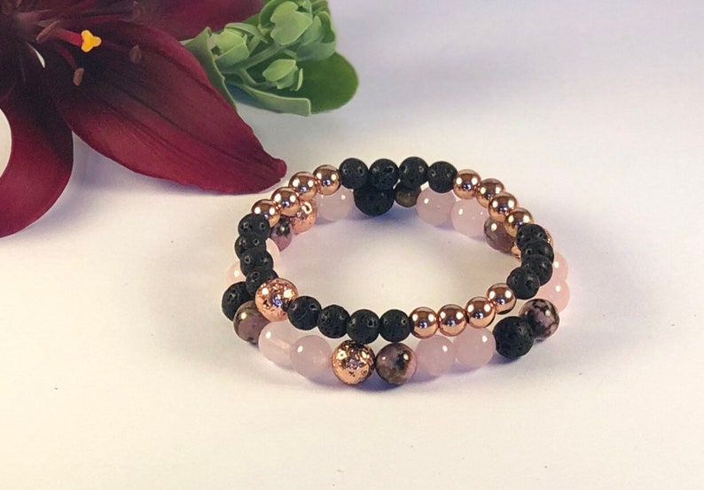 Rhodonite beaded bracelet Rose Quartz gemstone crystal bracelet set Natural lava stone jewelry