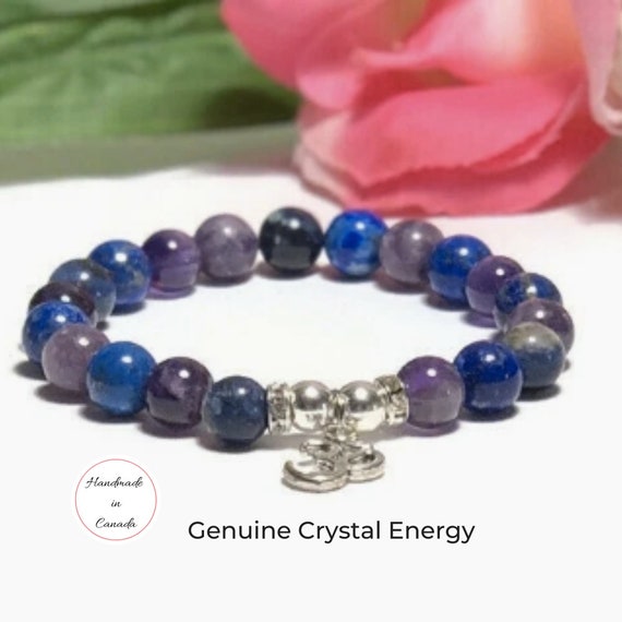Insomnia healing bracelet, Sleep support multi stone bracelet, Amethyst gemstone, Lapis Lazuli healing crystals, Lepidolite anxiety bracelet