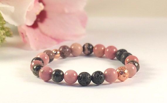 Rhodonite beaded bracelet Rose Quartz gemstone crystal bracelet set Natural lava stone jewelry