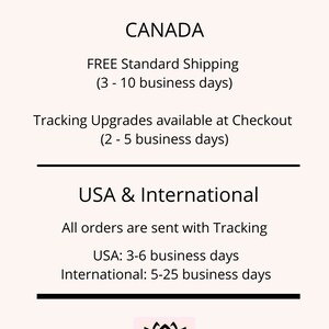 May include: Shipping information for orders from Canada, the USA, and internationally. Orders from Canada ship free with standard shipping in 3-10 business days. Tracking upgrades are available at checkout for 2-5 business days. Orders from the USA ship with tracking in 3-6 business days. International orders ship with tracking in 5-25 business days.