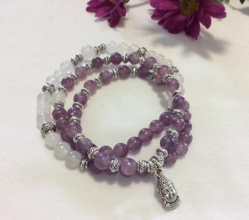White Jade beaded bracelet Lepidolite wrap yoga bracelet crystal gemstone jewelry