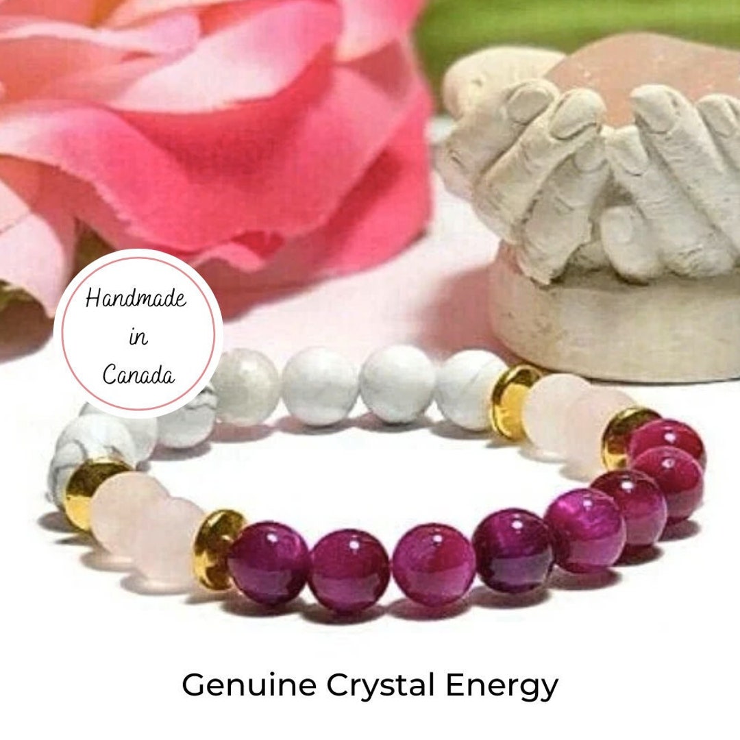 Tigers Eye Rose Quartz Bracelet for Women, Howlite Healing Crystal