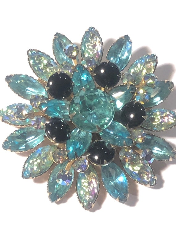 Stunning Rare VTG Aqua Blue with Navy Crystal Sto… - image 1