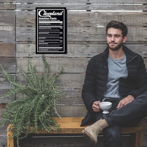 Puede incluir: Un hombre sentado en un banco de madera frente a una pared de paneles de madera. Está sosteniendo una taza blanca y mirando hacia la derecha. Una planta verde está en primer plano. Un letrero negro con texto blanco que dice "Cleveland Nutrition Facts" está colgado en la pared.