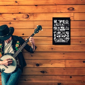 Puede incluir: Una persona con un sombrero negro y una chaqueta negra toca un banjo frente a una pared de madera. Un póster en blanco y negro con un diseño de varios instrumentos musicales está colgado en la pared.