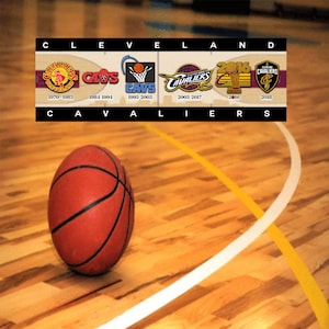 Puede incluir: Una pelota de baloncesto en una cancha de madera con una línea blanca y una línea amarilla. La cancha tiene las palabras "CLEVELAND CAVALIERS" escritas en la parte superior. Hay cinco logotipos para el equipo de baloncesto de los Cleveland Cavaliers con los años en que estuvieron activos.