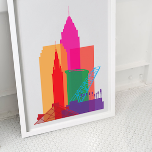 Framed Cleveland Skyline Art Print: Colorful Geometric Wall Decor (24&quot;x36&quot;)