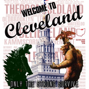Puede incluir: Un diseño gráfico con una ilustración estilizada de un horizonte urbano con las palabras "Bienvenido a Cleveland" en letras negras en negrita. El horizonte está rodeado de un fondo rosa con los nombres de los barrios de Cleveland, Ohio. La imagen también presenta un monstruo verde y un simio marrón a cada lado del horizonte.