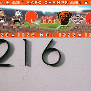 Puede incluir: Primer plano de una pared blanca con los números negros "216" impresos en ella. Sobre los números hay una pancarta con el texto "1946 1947 AAFC CHAMPS 1948 1949" y una serie de logotipos y fechas.