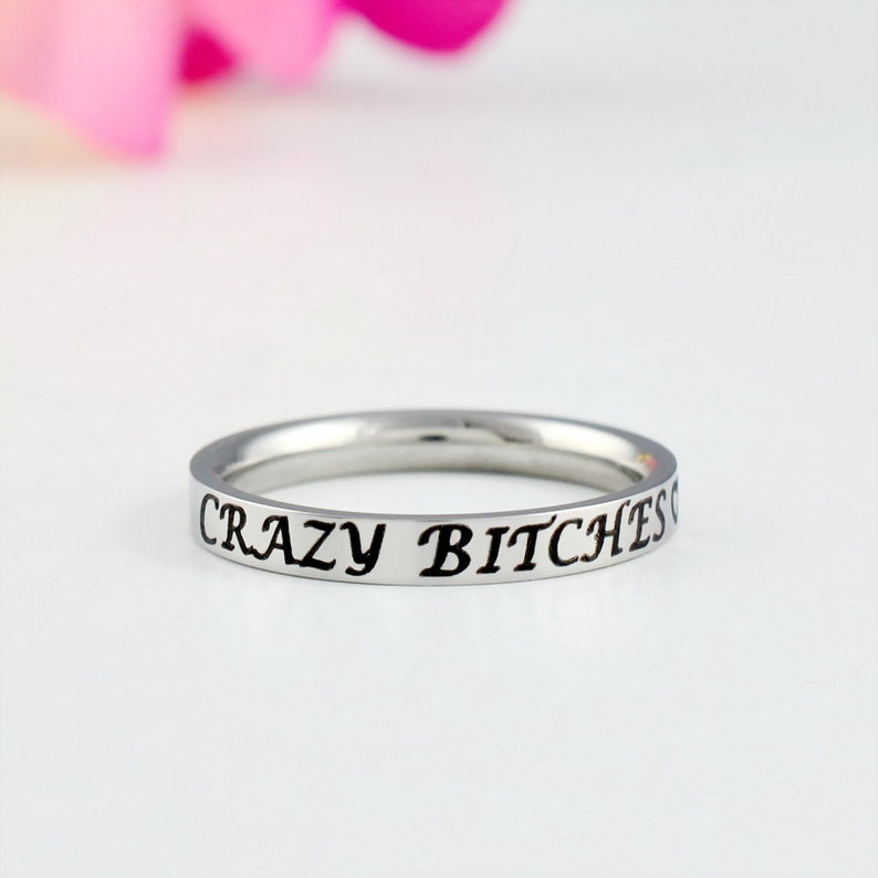 BFF Besties Gift for Bridesmaids Best Friends Dainty Stainless Steel Stacking Band Ring Crazy Bitches Sorority Sisters