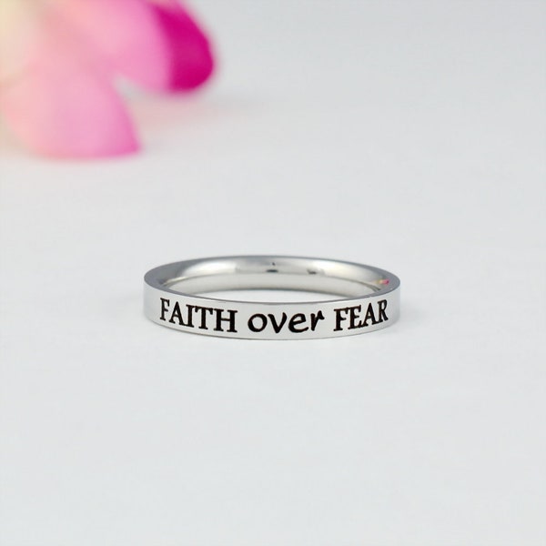 FAITH over FEAR - Dainty Stainless Steel Stacking Band Ring, Christian Religious Quote, Motivational Inspirational Gift for Best Friends