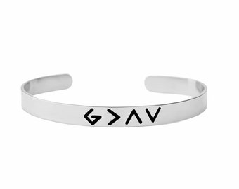 God Is Greater Than The Highs and Lows - Stainless Steel Cuff Bracelet, Specific Symbols, Christian Religious Gift for Her and Him