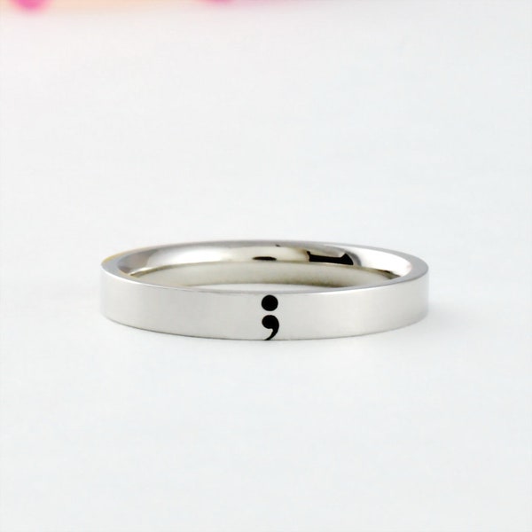 Semicolon Ring - Stainless Steel Band Ring, Semi Colon Jewelry, Suicide Awareness, Mental Illness, Survivor, Customized Gift