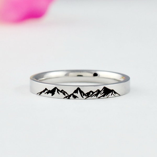Mountain Ring - Stainless Steel Band Ring, Outdoor Travel, Hiking, Skiing, Nature, Wanderlust, Traveler, Customized Gift for Her and Him