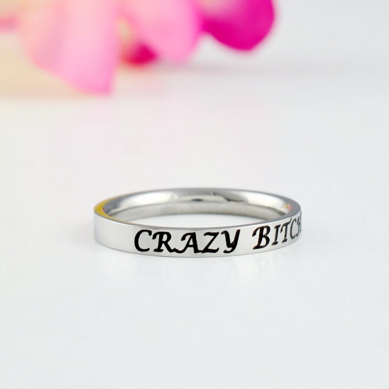 BFF Besties Gift for Bridesmaids Best Friends Dainty Stainless Steel Stacking Band Ring Crazy Bitches Sorority Sisters