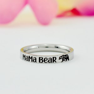 MAMA BEAR - Dainty Stainless Steel Stacking Band Ring, Mother's Day Gift, Gift for New Mom, Mother Daughter Family Love