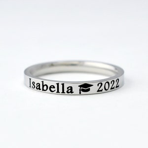 Name Graduation Ring - Custom Stainless Steel Stacking Ring, Personalized Unique Band with Class Year and Academic Cap Design