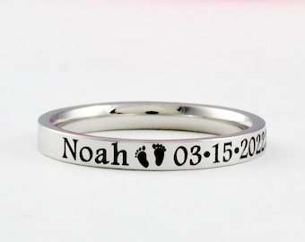 Baby Stats Ring - Dainty Stainless Steel Band Ring, Personalized New Mom Gift, Customized Baby Name, Birth Date Time, Weight, Height