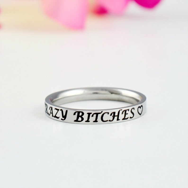 BFF Besties Gift for Bridesmaids Best Friends Dainty Stainless Steel Stacking Band Ring Crazy Bitches Sorority Sisters