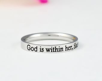 God is within her, She will not fall - Stainless Steel Ring, Christian Religious, Bible Verse Psalm 46:5,  Inspirational Motivational Gift