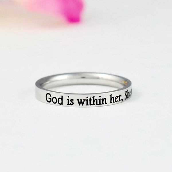 God is within her, She will not fall - Dainty Stainless Steel Stacking Ring, Christian Religious Gift, Scripture Bible Verse Psalm 46:5