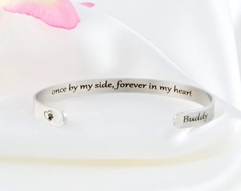 Once by My Side, Forever in My Heart - Secret Message Stainless Steel Cuff Bracelet, Customized Engraved Pet Memorial Name, Pets Owner Gift