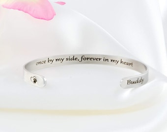 Once by My Side, Forever in My Heart - Secret Message Stainless Steel Cuff Bracelet, Customized Engraved Pet Memorial Name, Pets Owner Gift