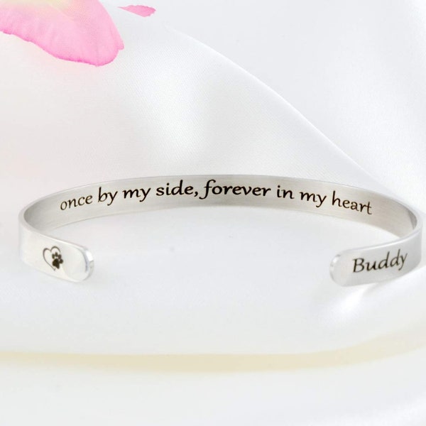 Once by My Side, Forever in My Heart - Secret Message Stainless Steel Cuff Bracelet, Customized Engraved Pet Memorial Name, Pets Owner Gift