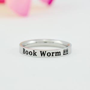 Book Worm - Stainless Steel Band Ring, Geeky Ring, Customized Gift for Book Lover, Gift for Reader, Language Teacher, Best Friends