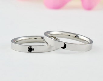 Sun Moon Symbol Rings - Stainless Steel Stacking Band Ring Set of 2, Couples Promise, Long Distance Relationship, Best Friends Gift