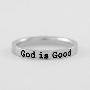 Bague Dieu est bon, jonc gravé en acier inoxydable, bijoux de la foi chrétienne, dicton religieux inspirant, cadeau significatif