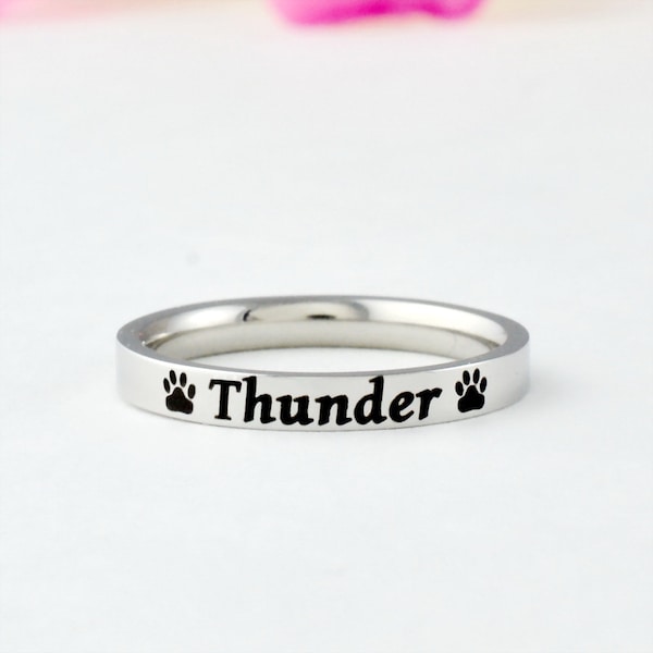 Pet Name Ring - Custom Stainless Steel Stacking Ring, Pet Memorial Ring, Personalized Pets Owner Gift, Dog or Cat Paw Print Gift