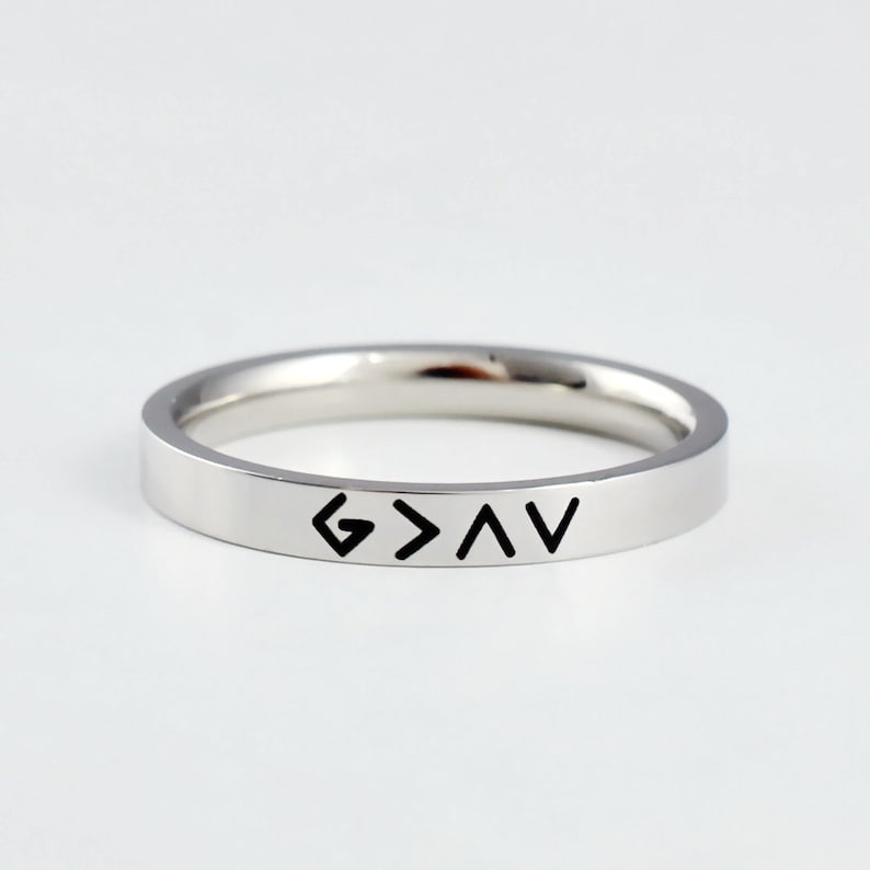 God Is Greater Than The Highs and Lows - Dainty Stainless Steel Stacking Band Ring, Specific Symbols Ring, Christian Religious Gift 