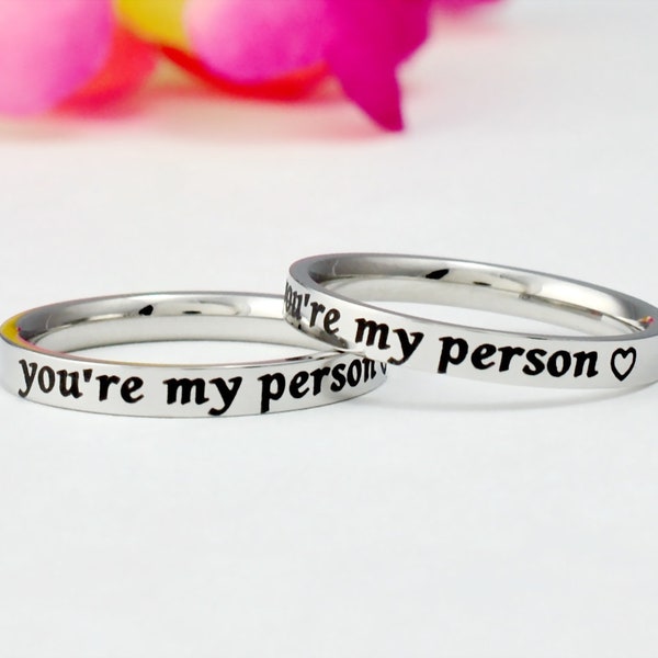 you're my person -  Stainless Steel Stacking Band Ring Set of 2, Couples Promise, Sorority Sisters Best Friends Friendship Gift