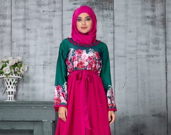 Dark green and pink Arabic Evening Abaya Dress