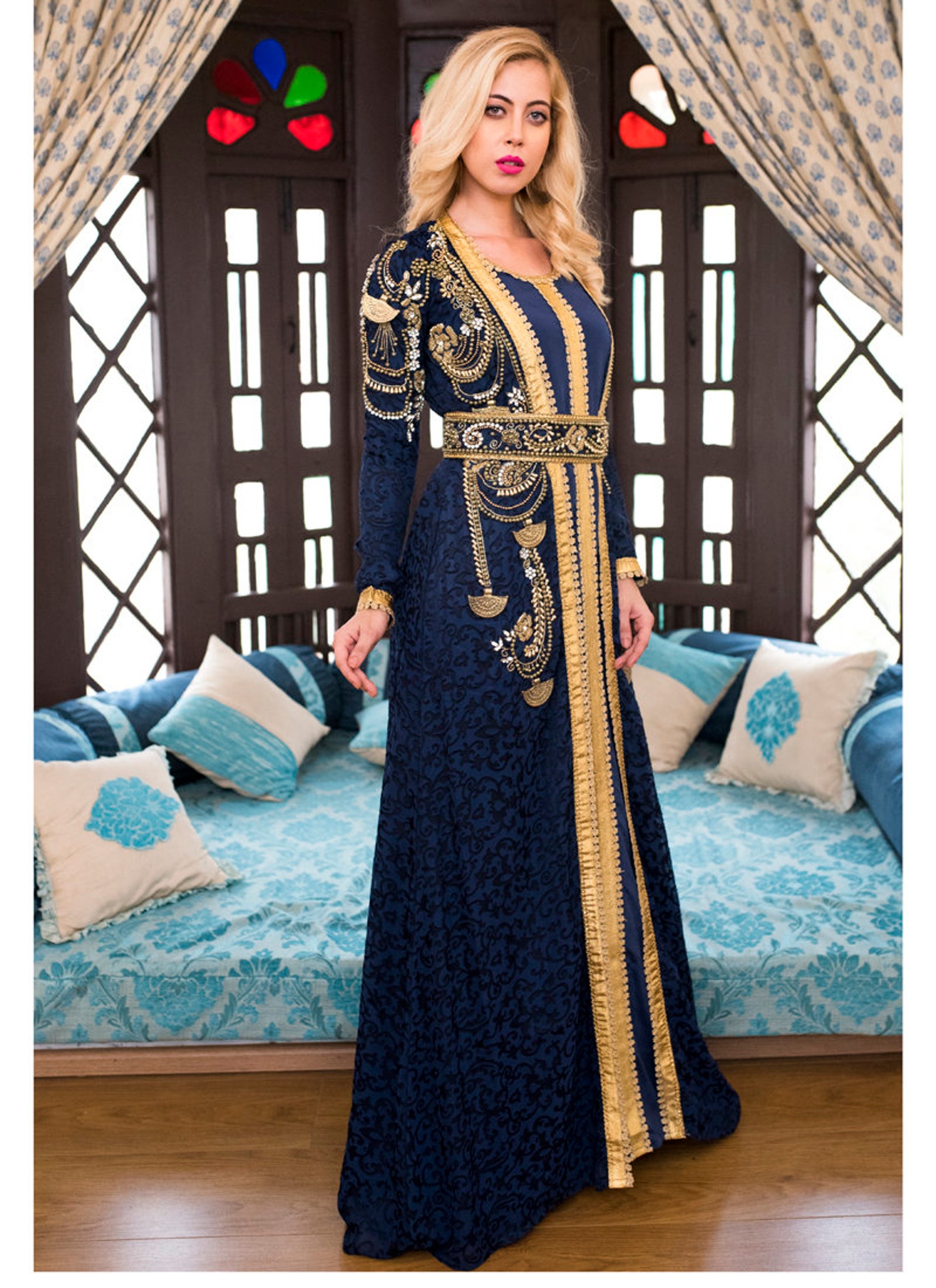 Dark Blue Party Wear Style Moroccan Kaftan | Etsy