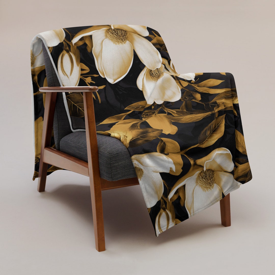 Magnolias in Gold Bloom Throw Blanket Etsy