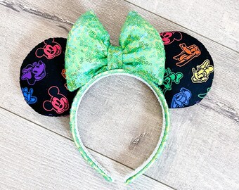 Rainbow Disney Character Ears, Mickey Mouse Ears, Minnie Mouse Ears, Rainbow Headband, Neon Disney Hair accessories, Girl Gifts