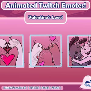 May include: A pink graphic featuring three animated Twitch emotes with a Valentine's Day theme. The emotes depict pairs of cartoon animals, including swans, birds, and rabbits, embracing and showing affection. The text "Animated Twitch Emotes!" and "Valentine's Love!" are displayed.